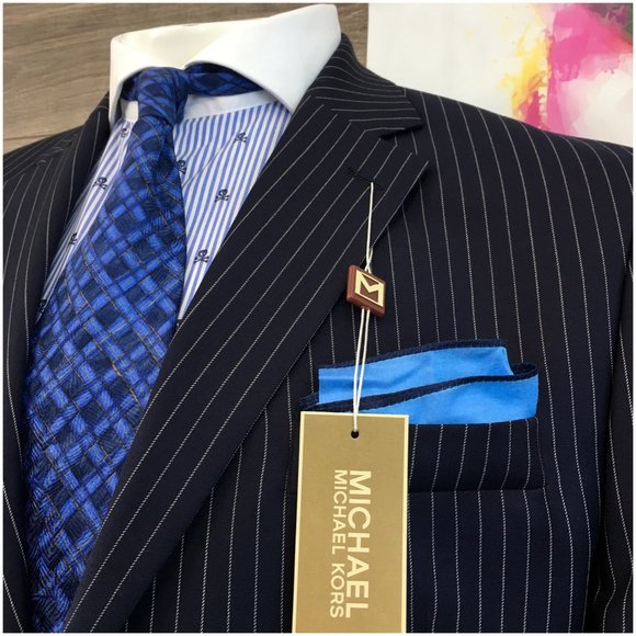 New Michael Kors Mens Suit 2 Piece Set Size 44L‎ Jacket Blazer Pants Wool Blue - Picture 3 of 16